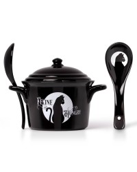 Black Cat Feline Hungry Soup Bowl and Spoon