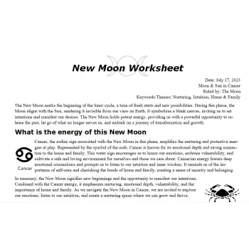 New Moon in Cancer Free July 2023 Worksheet