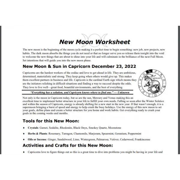 New Moon in Capricorn December 2022 Free Worksheet
