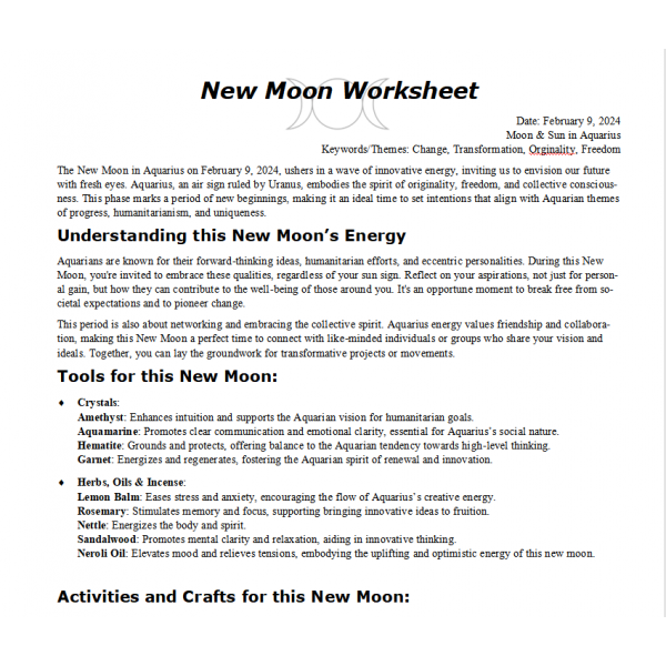 New Moon in Aquarius February 2024 Free Worksheet