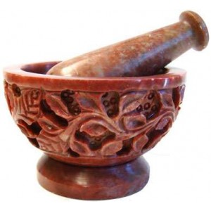 Flowers and Vine Carved Soapstone Mortar and Pestle Set