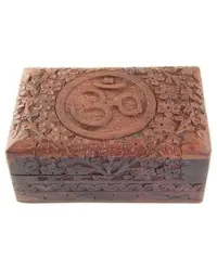Om Symbol Floral Carved Wood Box - 6 Inches