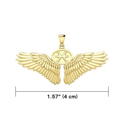 Guardian Angel Wings 14K Gold Pendant with Pisces Zodiac Sign 