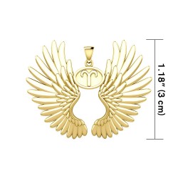 Guardian Angel Wings 14K Gold Pendant with Aries Zodiac Sign 