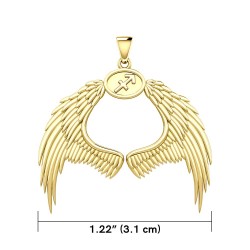 Guardian Angel Wings 14K Gold Pendant with Sagittarius Zodiac Sign 