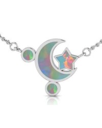 Moon and Star Necklace with Opal Inlay