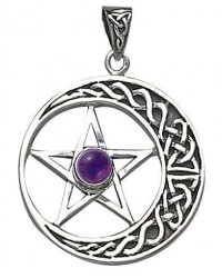 Crescent Moon Pentacle Pendant with Gemstone