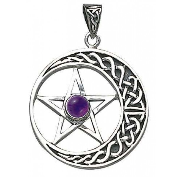 Crescent Moon Pentacle Pendant with Gemstone