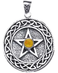 Celtic Border Pentacle Pendant with Amber for Wisdom