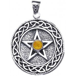 Celtic Border Pentacle Pendant with Amber for Wisdom