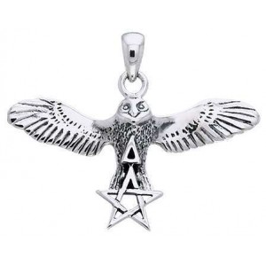 Flying Owl Triangle and Pentagram Sterling Silver Pendant