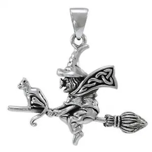 Classic Witch Riding Broom Sterling Silver Pendant