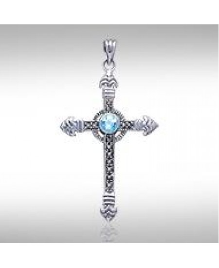 Celtic Cross Marcasite & Blue Topaz Pendant 