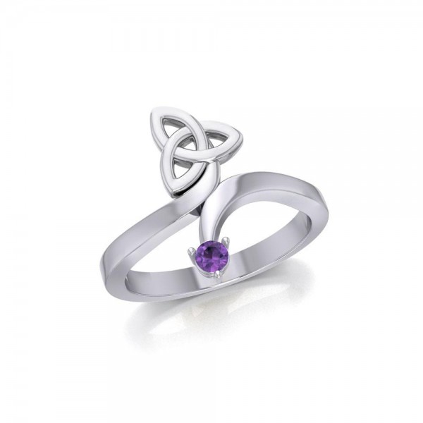 Celtic Trinity Knot with Round Amethyst Gem Silver Ring