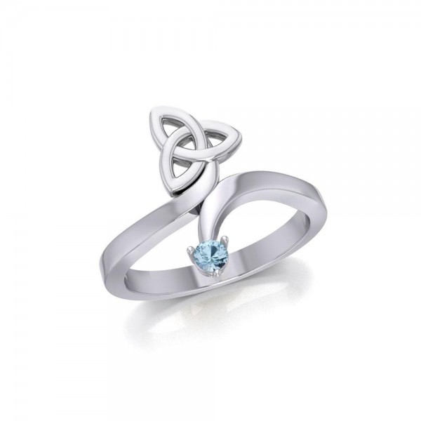 Celtic Trinity Knot with Round Aquamarine Gem Silver Ring