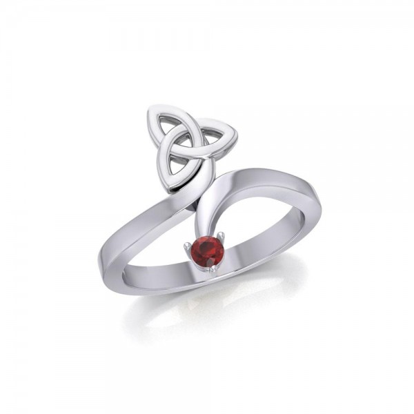 Celtic Trinity Knot with Round Garnet Gem Silver Ring