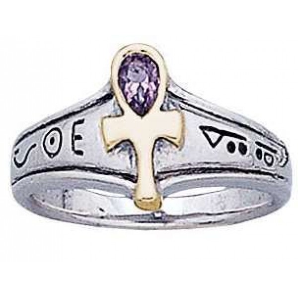 Ankh Amethyst Gold and Silver Egyptian Ring