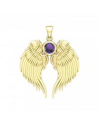 Guardian Angel Wings Gold Pendant with Amethyst Birthstone 