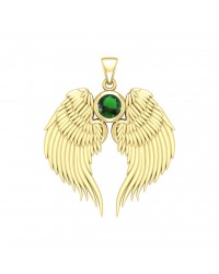 Guardian Angel Wings Gold Pendant with Emerald Birthstone 