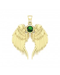 Guardian Angel Wings Gold Pendant with Emerald Birthstone 