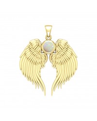 Guardian Angel Wings Gold Pendant with Opal Birthstone 