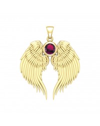 Guardian Angel Wings Gold Pendant with Ruby Birthstone 