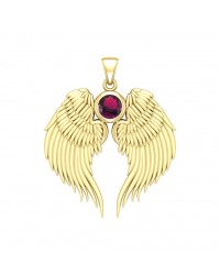 Guardian Angel Wings Gold Pendant with Ruby Birthstone 