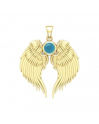 Guardian Angel Wings Gold Pendant with Turquoise Birthstone 