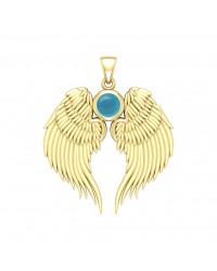 Guardian Angel Wings Gold Pendant with Turquoise Birthstone 