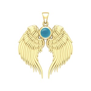 Guardian Angel Wings Gold Pendant with Turquoise Birthstone 