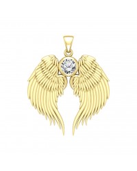 Guardian Angel Wings Gold Pendant with White Cubic Zirconia Birthstone 