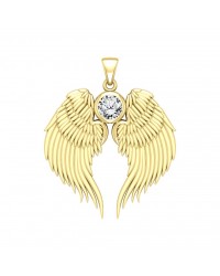 Guardian Angel Wings Gold Pendant with White Cubic Zirconia Birthstone 