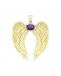 Guardian Angel Wings Gold Pendant with Oval Amethyst Birthstone 