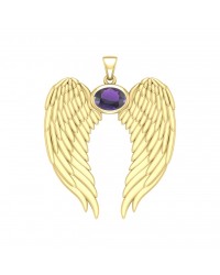 Guardian Angel Wings Gold Pendant with Oval Amethyst Birthstone 