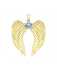 Guardian Angel Wings Gold Pendant with Oval Aquamarine Birthstone 