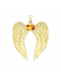 Guardian Angel Wings Gold Pendant with Oval Citrine Birthstone 