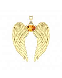 Guardian Angel Wings Gold Pendant with Oval Citrine Birthstone 