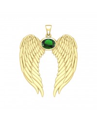 Guardian Angel Wings Gold Pendant with Oval Emerald Birthstone 