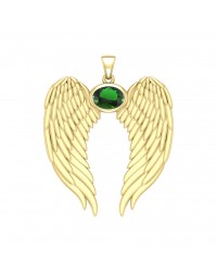 Guardian Angel Wings Gold Pendant with Oval Emerald Birthstone 