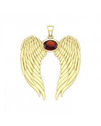 Guardian Angel Wings Gold Pendant with Oval Garnet Birthstone 