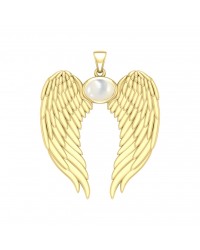 Guardian Angel Wings Gold Pendant with Oval Mother of Pearl Birthstone 