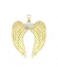 Guardian Angel Wings Gold Pendant with Oval Opal Birthstone 