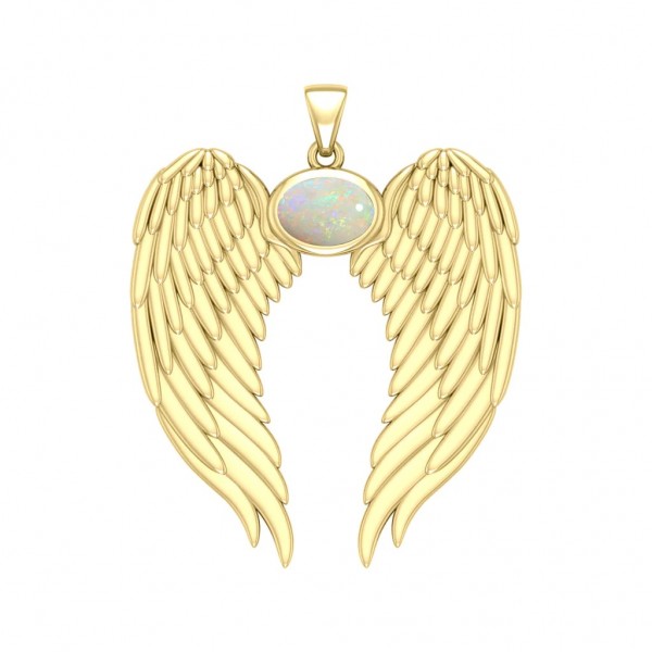 Guardian Angel Wings Gold Pendant with Oval Opal Birthstone 