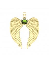 Guardian Angel Wings Gold Pendant with Oval Peridot Birthstone 