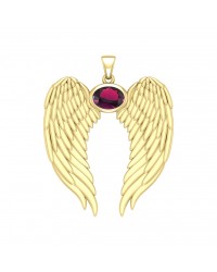 Guardian Angel Wings Gold Pendant with Oval Ruby Birthstone 