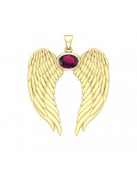 Guardian Angel Wings Gold Pendant with Oval Ruby Birthstone 