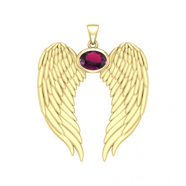 Guardian Angel Wings Gold Pendant with Oval Ruby Birthstone 