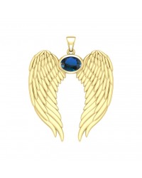 Guardian Angel Wings Gold Pendant with Oval Sapphire Birthstone 
