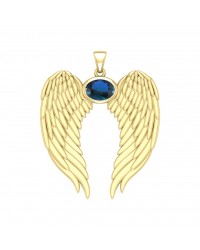 Guardian Angel Wings Gold Pendant with Oval Sapphire Birthstone 