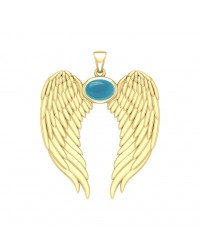 Guardian Angel Wings Gold Pendant with Oval Turquoise Birthstone 